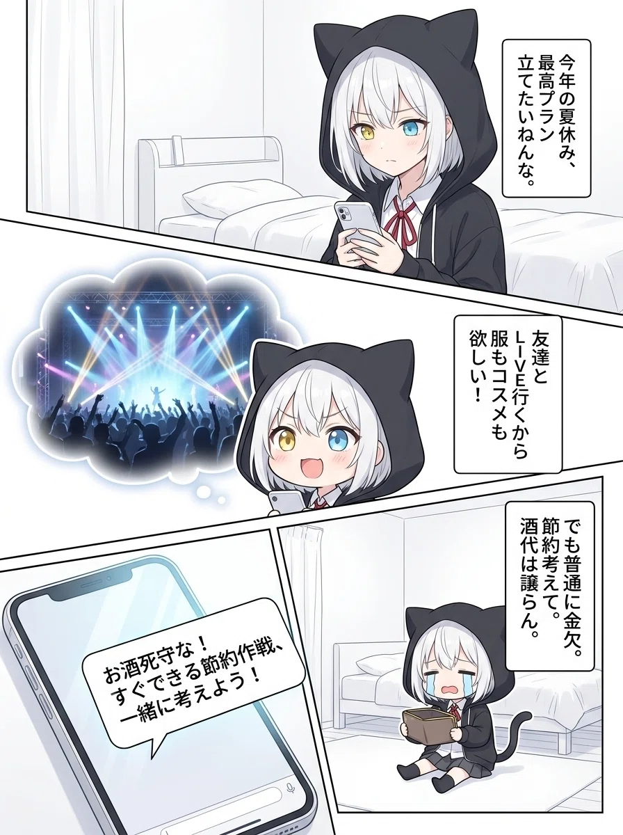AI漫画解説】夏休みのLIVEに向けて節約するためにGeminiに相談した話