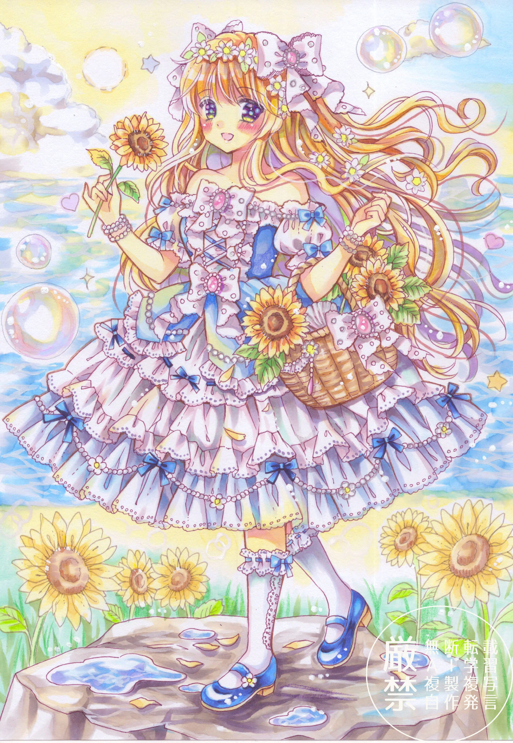最終値下げ！　夏　コピック　イラスト　原画 原画販売】ひまわりと海と潮風のロンド。夏を先取りするコピック原画が