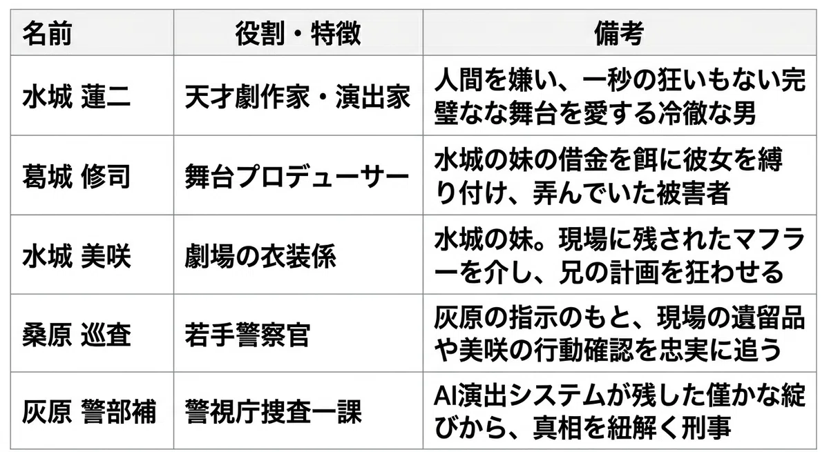 | 名前 | 役割・特徴 | 備考 || :--- | :--- | :--- || 水城 蓮二 | 天才劇作家・演出家 | 人間を嫌い、一秒の狂いもない完璧な舞台を愛する冷徹な男 || 葛城 修司 | 舞台プロデューサー | 水城の妹の借金を餌に彼女を縛り付け、弄んでいた被害者 || 水城 美咲 | 劇場の衣装係 | 水城の妹。現場に残されたマフラーを介し、兄の計画を狂わせる || 桑原 巡査 | 若手警察官 | 灰原の指示のもと、現場の遺留品や美咲の行動確認を忠実に追う || 灰原 警部補 | 警視庁捜査一課 | AI演出システムが残した僅かな綻びから、真相を紐解く刑事 |