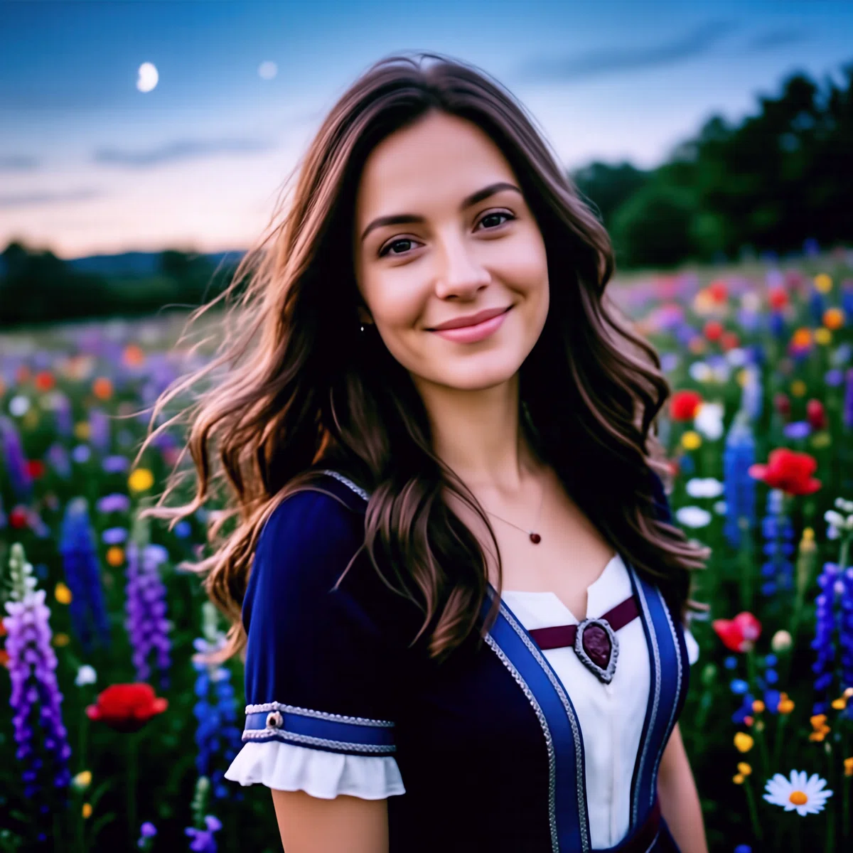 花畑を背景に微笑む青と白の服を着た女性の実写系のイラスト