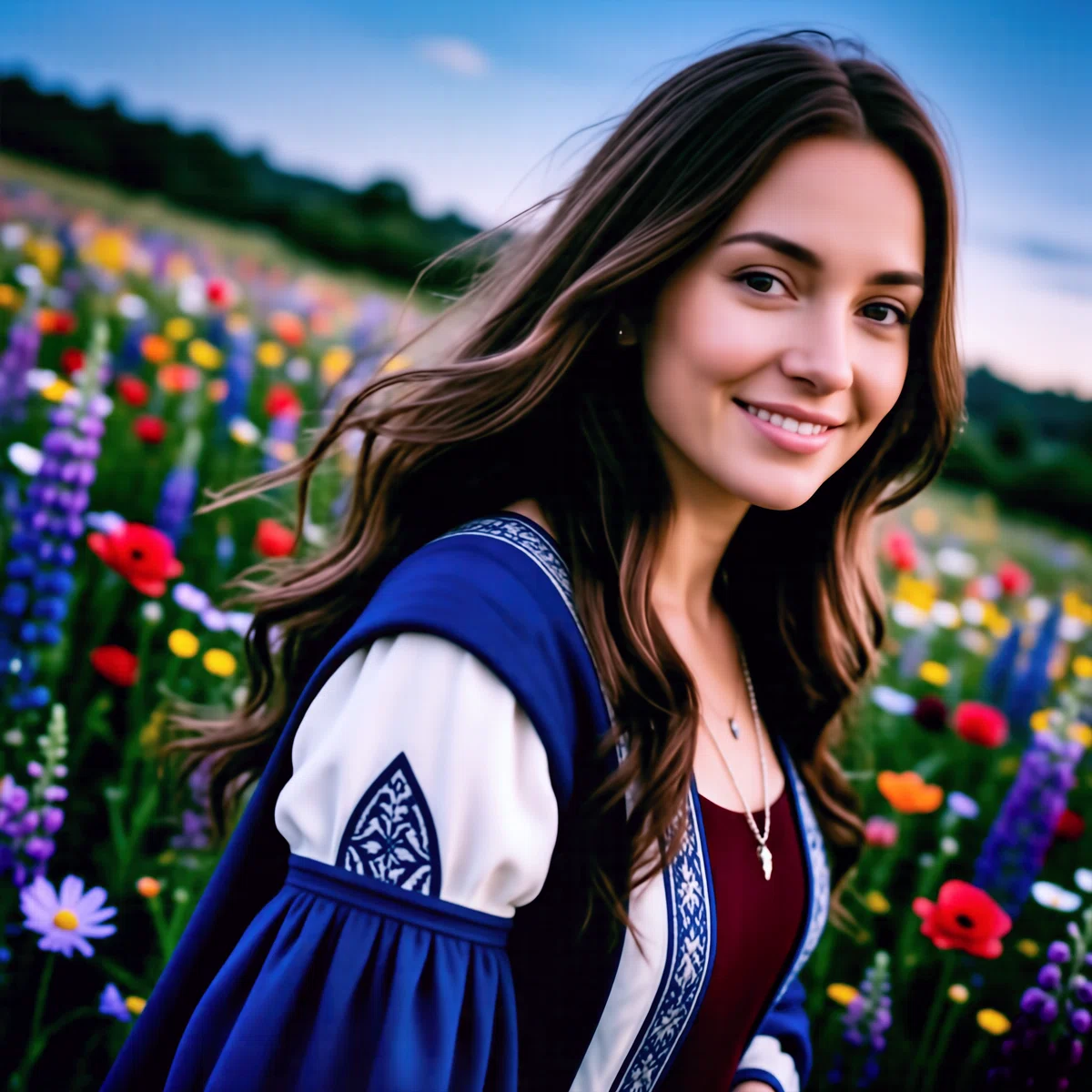 花畑を背景に微笑む青と白の服を着た女性がこちらを振り向いている実写系のイラスト