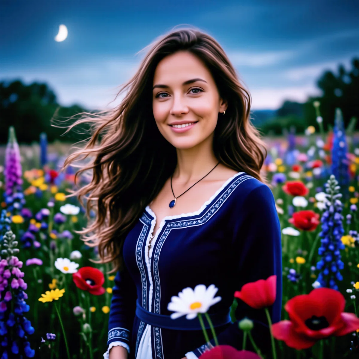 赤い花を近景に、花畑を背景に微笑む青と白の服を着た女性の実写系のイラスト