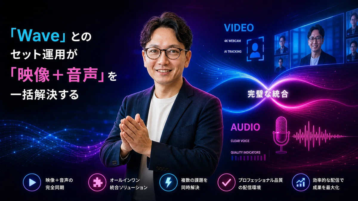 エスワン代表OMASAがWaveとのセット運用の価値を説明、両手を合わせるように統合・結合を表現するジェスチャーで、満足した笑顔で『完全なソリューション』と『完璧な統合』の概念を伝えている様子。背景にはディープパープル・エレクトリックピンク・ビビッドブルー・シアン・ブラックの配色で、映像と音声の統合を強調：分割された視覚表現で映像（4Kウェブカメラ映像、AIトラッキング）と音声（音波、マイク品質インジケーター、クリアな音声キャプチャ）がシームレスに融合する様子、統一されたストリーミングセットアップの概念、完全なコンテンツ制作エコシステム、映像+音声シンクロシンボル、プロフェッショナル配信バンドルの優位性を連想させる抽象的な要素