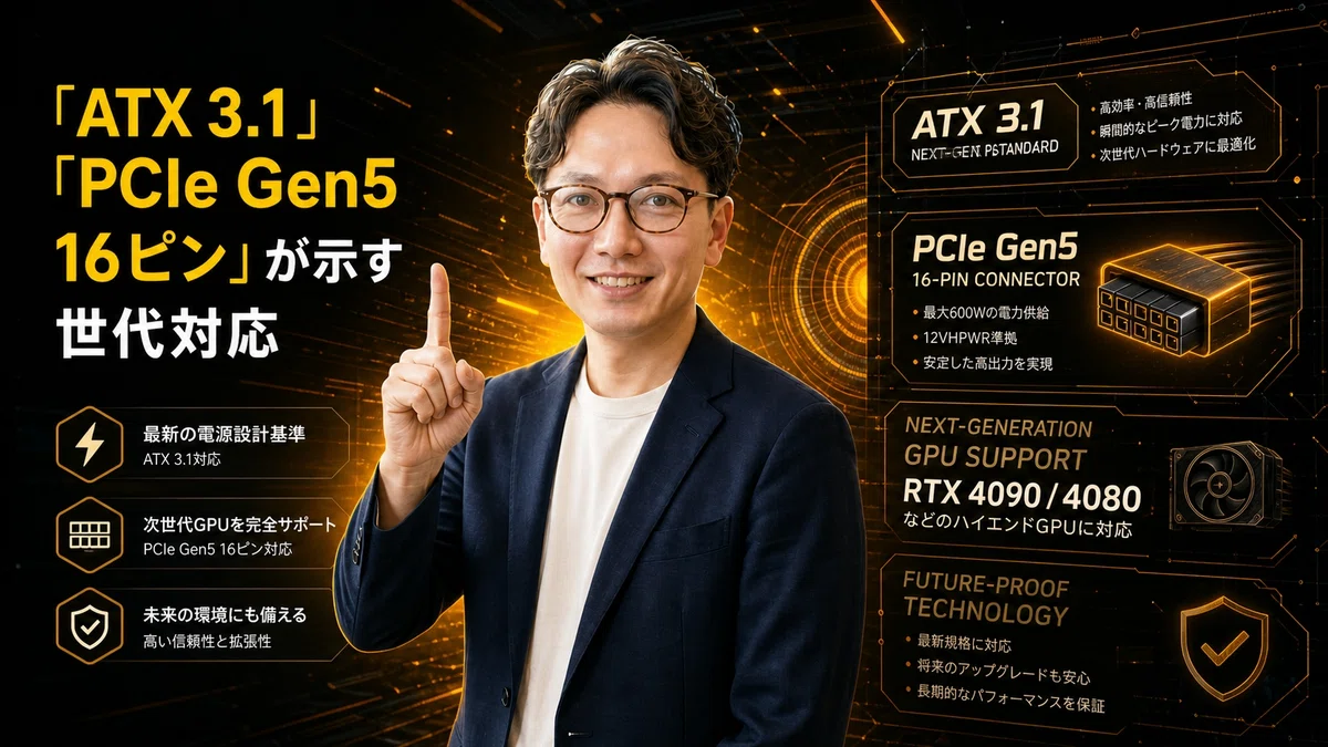 エスワン代表OMASAが次世代電源規格の重要性を説明、人差し指を上げて権威的な表情で『これが重要だ!』というジェスチャーで最先端PC電源規格と次世代互換性についての理解を伝えている様子。背景にはエレクトリックイエロー・ビビッドオレンジ・クリスプホワイト・ディープブラック・シルバーメタリックの配色で、ATX 3.1仕様シンボル(モダン電源アーキテクチャを示す)、PCIe Gen5 16ピンコネクタの視覚化(RTX 4090/4080等最新ハイエンドグラフィックカードとの互換性を示す)、フューチャープルーフ技術インジケーター、先進的な電力供給規格、次世代GPU対応、最先端コネクタ技術の進化、今後のゲーミングハードウェアとの前方互換性を連想させる抽象的な要素
