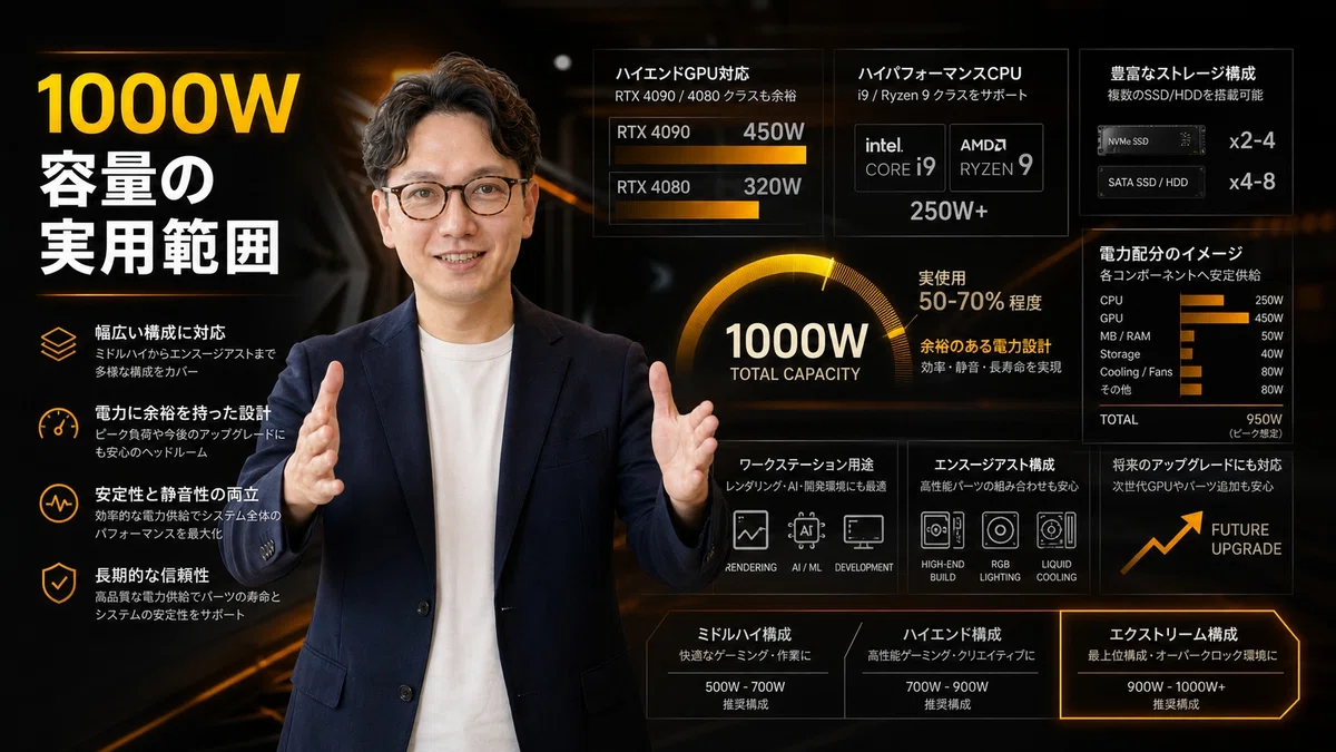 エスワン代表OMASAが1000W電源の実用範囲を説明、両手を胸の高さで水平に大きく広げ、掌を向かい合わせにして『広範囲』『幅広いカバレッジ』を示すジェスチャーで、分析的で知識豊富な表情で電源容量要件と実用的な適用についての理解を伝えている様子。背景にはエレクトリックイエロー・ビビッドオレンジ・クリスプホワイト・ディープブラック・シルバーメタリックの配色で、1000W電力容量の応用を強調:ハイエンドゲーミングPCビルド構成要素(RTX 4090/4080 GPU消費電力インジケーター、Core i9/Ryzen 9等ハイエンドCPU、複数ストレージドライブ、RGB照明、冷却システム)、通常使用を上回る快適な余裕を示す電力ヘッドルーム視覚化、ワークステーション構成、エンスージアスト向けシステム、将来のアップグレード柔軟性、複数コンポーネントへの電力分配、ミドルハイから極限構成までの実用ユースケースシナリオを連想させる抽象的な要素