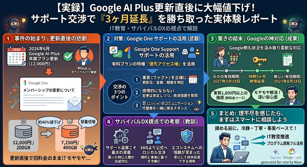 実録】Google AI Plus更新直後に大幅値下げ!サポート交渉で「3ヶ月延長