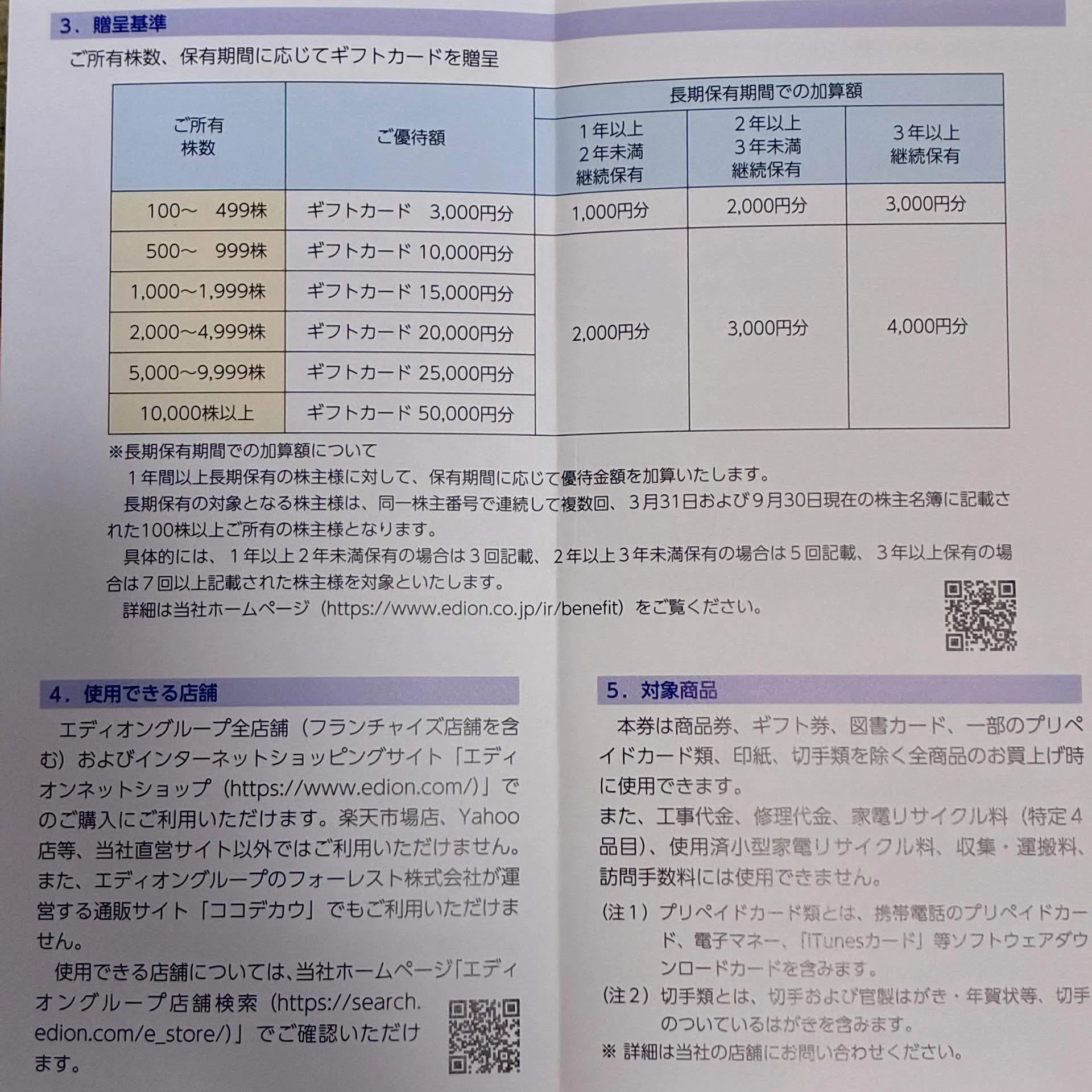 株主優待】エディオンからギフトカード3,000円分が到着！ネットでも