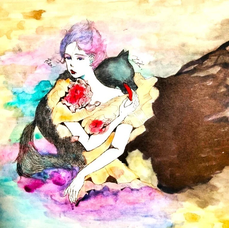 美術品・アンティーク・コレクション 絵画原画（夢の花園）白馬と天使