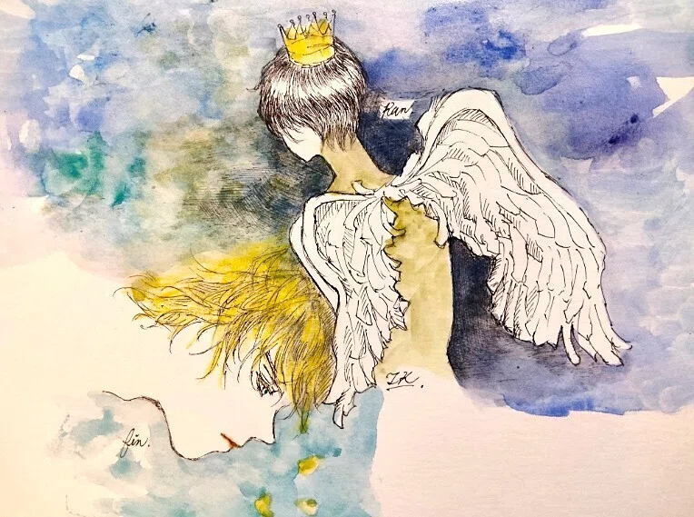美術品・アンティーク・コレクション 絵画原画（夢の花園）白馬と天使