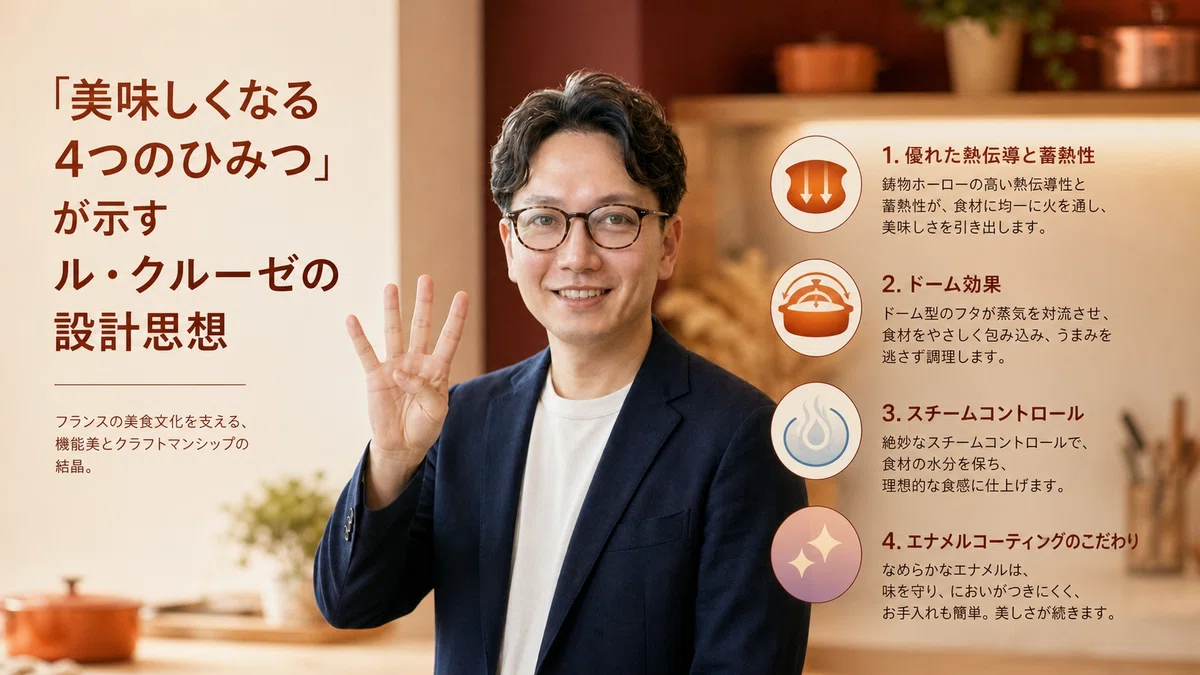 エスワン代表OMASAが4本指を立てて4つの秘密を表現、感じた温かい表情でフレンチ調理科学を説明。テラコッタ・バーガンディ系の温もりある背景
