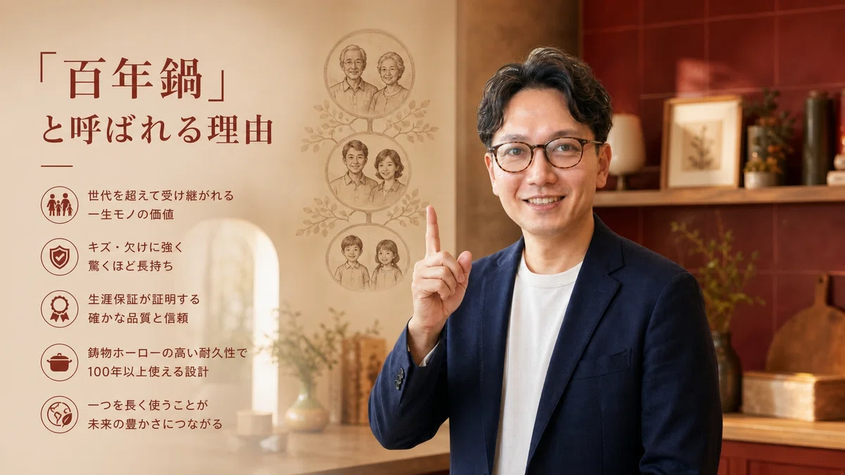 エスワン代表OMASAが人差指を上げて感動した表情、世代を超える品質と持続可能な消費哲学を説明。テラコッタ・バーガンディ系の温もりある背景