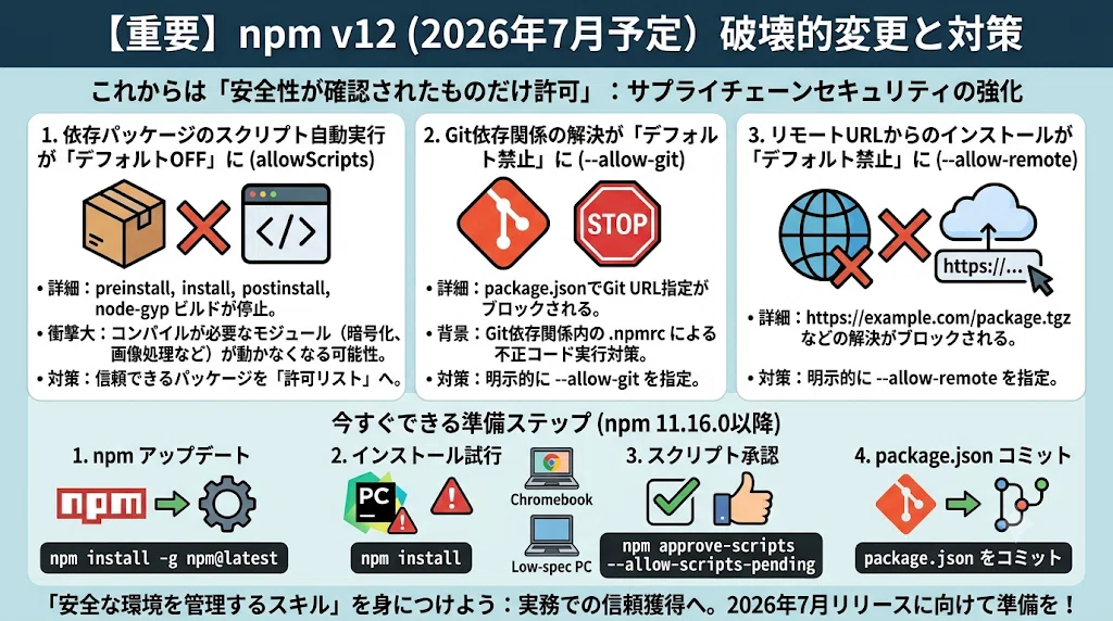 重要】2026年7月登場の「npm v12」で変わるセキュリティと破壊的変更の