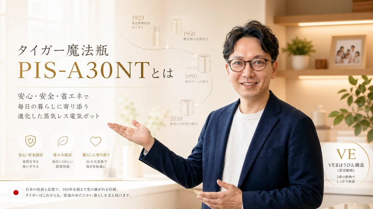 エスワン代表OMASAが自ら開いて説明するポーズ、温かい表情で安全な家庭用電気ポットを紹介。ホワイト・ベージュ・アンバー系の清潔な家庭の背景