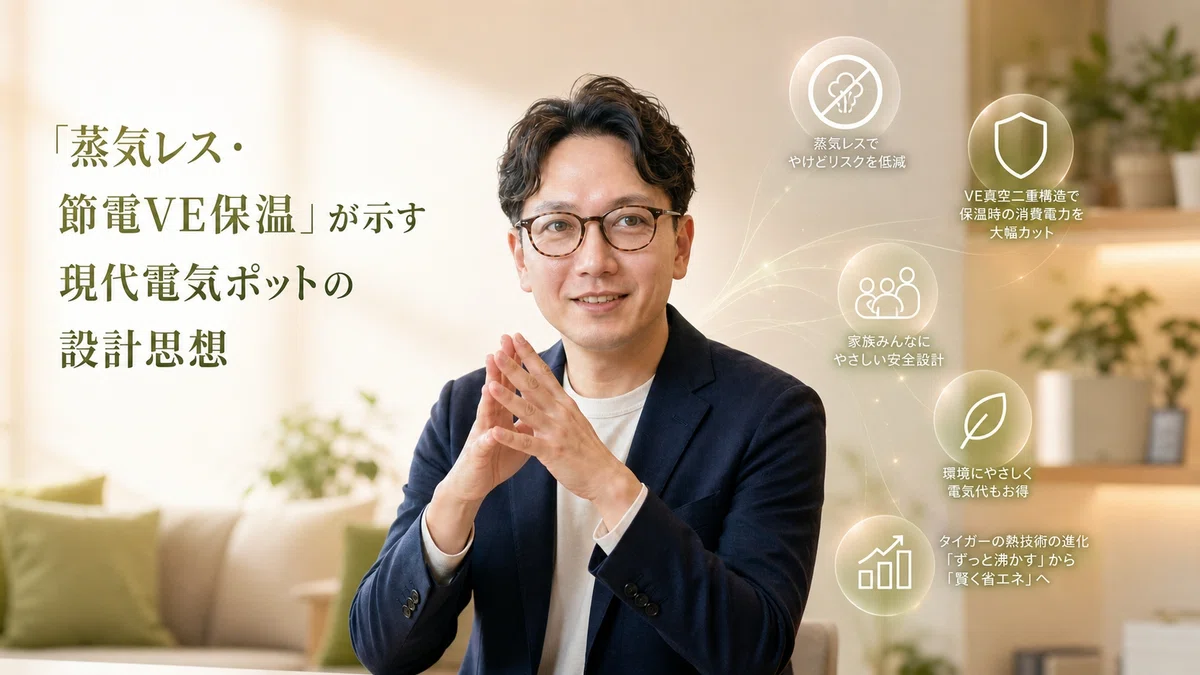 エスワン代表OMASAが両手を合わせて統合を表現するポーズ、満足した表情で2つの技術の完璧な融合を説明。ホワイト・グリーン・アンバー系の清潔な家庭の背景