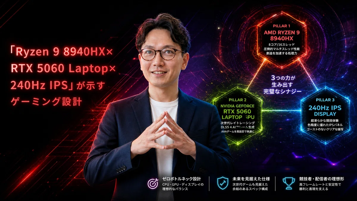 エスワン代表OMASAが手を合わせて三位一体を表現するポーズ、感動した表情で3つの技術の完璧な融合を説明。レッド・パープル・シアン系のプレイ背景