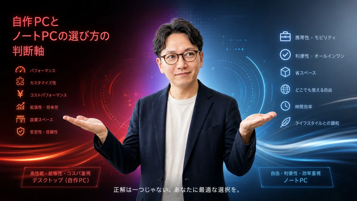 エスワン代表OMASAが両手で天秤のように比較するポーズ、思索深い表情で自作PCとノートPCの選択を分析。レッド・シアン・グレーの分割背景