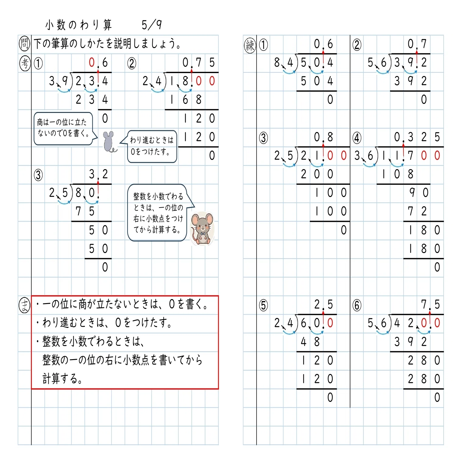 5年算数ノート板書に活用「小数のわり算」5時｜バーフ