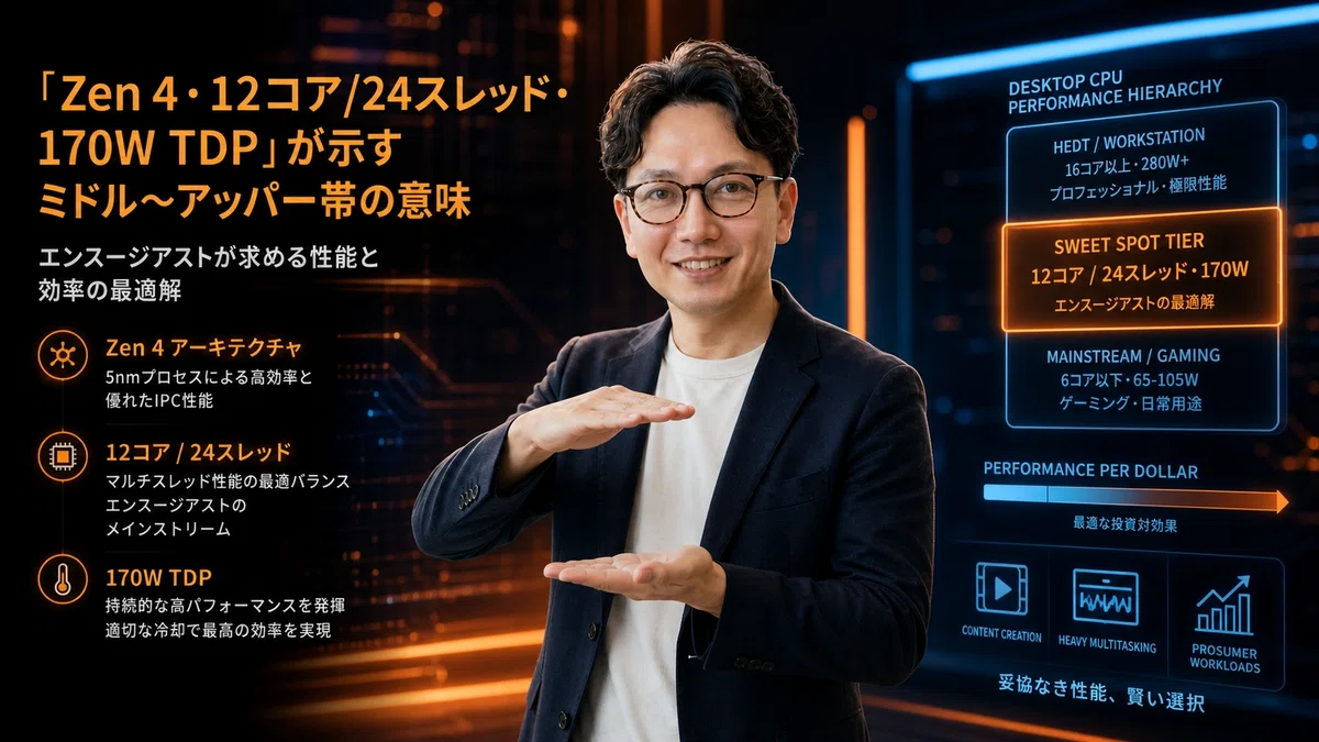 エスワン代表OMASAが両手で段階的な位置を表現するポーズ、分析的な表情で性能帯の戦略的ポジショニングを説明。 オレンジ・ブルー系のAMD技術の背景