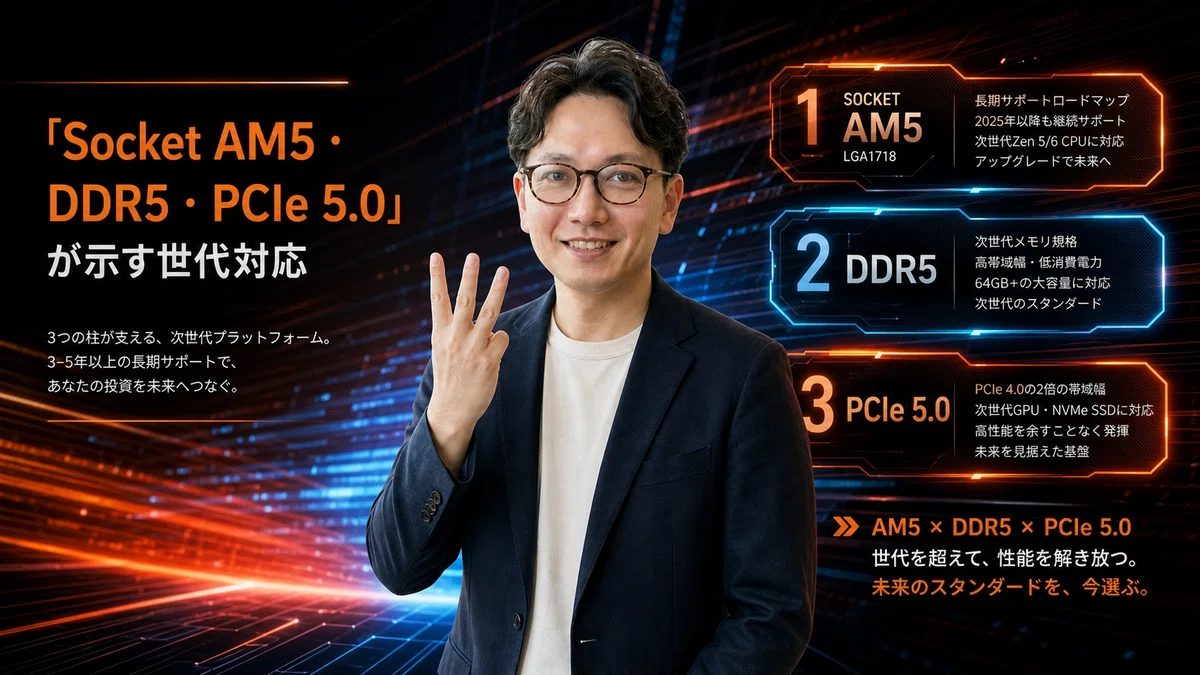 エスワン代表OMASAが3本指を立てて次世代規格を表現、自信ある表情で将来対応技術を説明。オレンジ・ブルー系の未来志向AMD背景