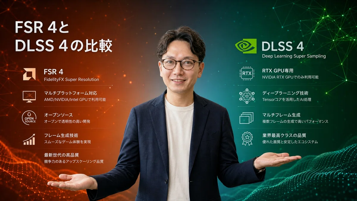 エスワン代表OMASAが両手で天秤のように比較するポーズ、優しい表情で2つのAI技術を分析。 オレンジ・グリーン系の分割背景