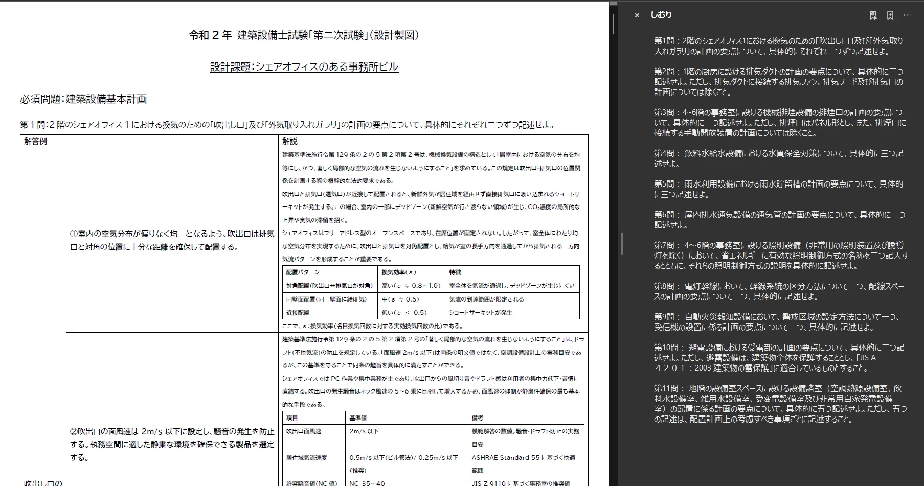 【日建学院】建築設備士二次試験令和２年過去問答案例シェアオフィスのある事務所ビル 建築設備士 二次試験】令和2年度 必須問題 全解答例＋法令根拠＋計算式
