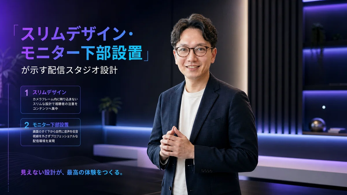 エスワン代表OMASAが両手を合わせて統合を表現するポーズ、満足した表情で2つの設計思想の融合を説明。ブルー・パープル系のクリーンな配信