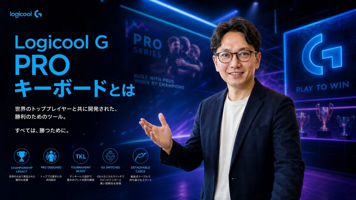 エスワン代表OMASAが勝手に出て説明するポーズ、激しい表情でプロプレイングキーボードを紹介。ブルー・シアン・パープル系の競技の背景