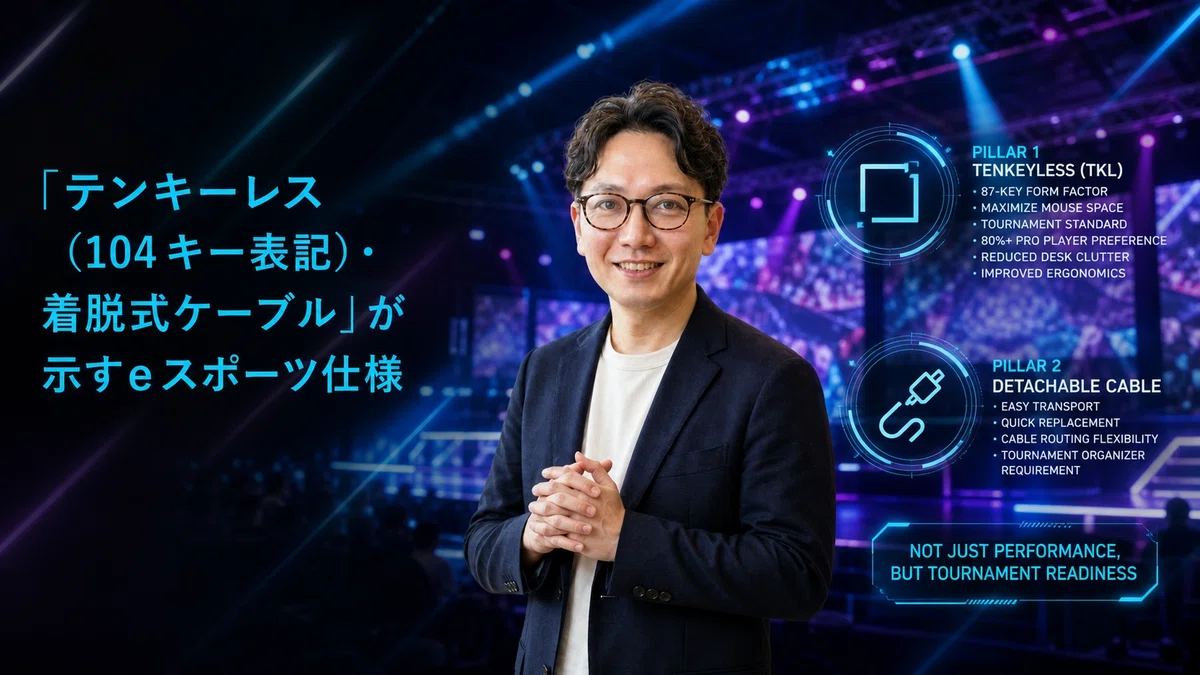 エスワン代表OMASAが両手を合わせて統合を表現するポーズ、戦略的な表情で2つのトーナメント仕様を説明。ブルー・シアン系の競技の背景