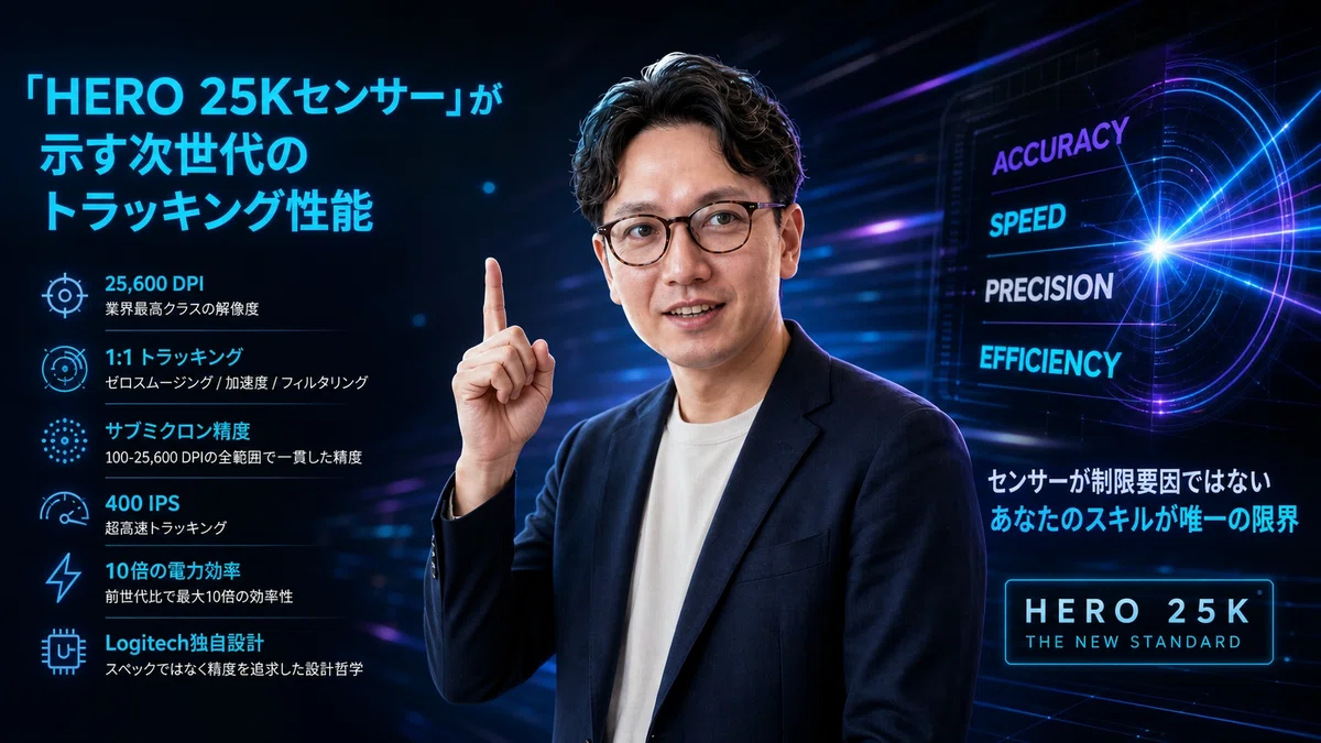 エスワン代表OMASAが人差し指を上げて革新技術を強調、感動した表情でHERO 25Kの性能飛躍を説明。ブルー・シアン系の先進的な背景