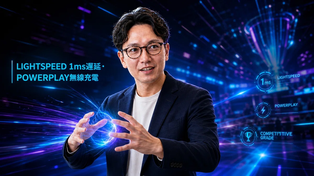 エスワン代表OMASAが両手を合わせて背景2つの技術の統合を表現するポーズ、感動した表情でワイヤレス技術の完璧な融合を説明。ブルー・パープル・シアン系の先進的なプレイ