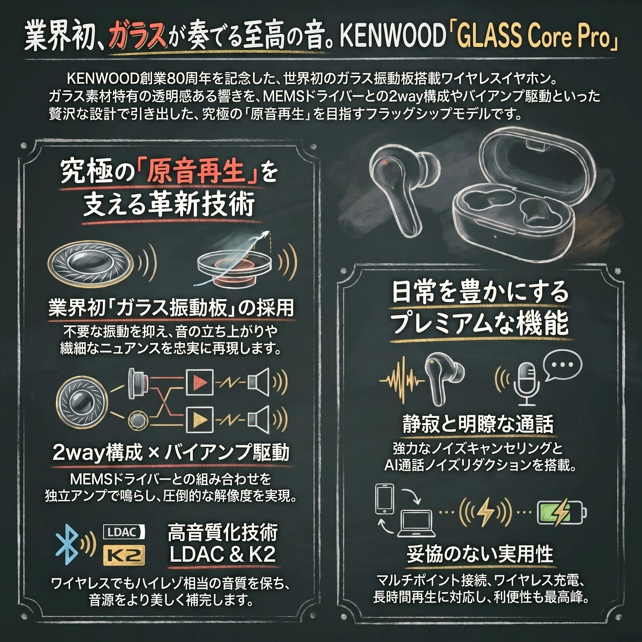 KENWOOD GLASS Core Pro登場。ガラス振動板が完全ワイヤレスイヤホンの