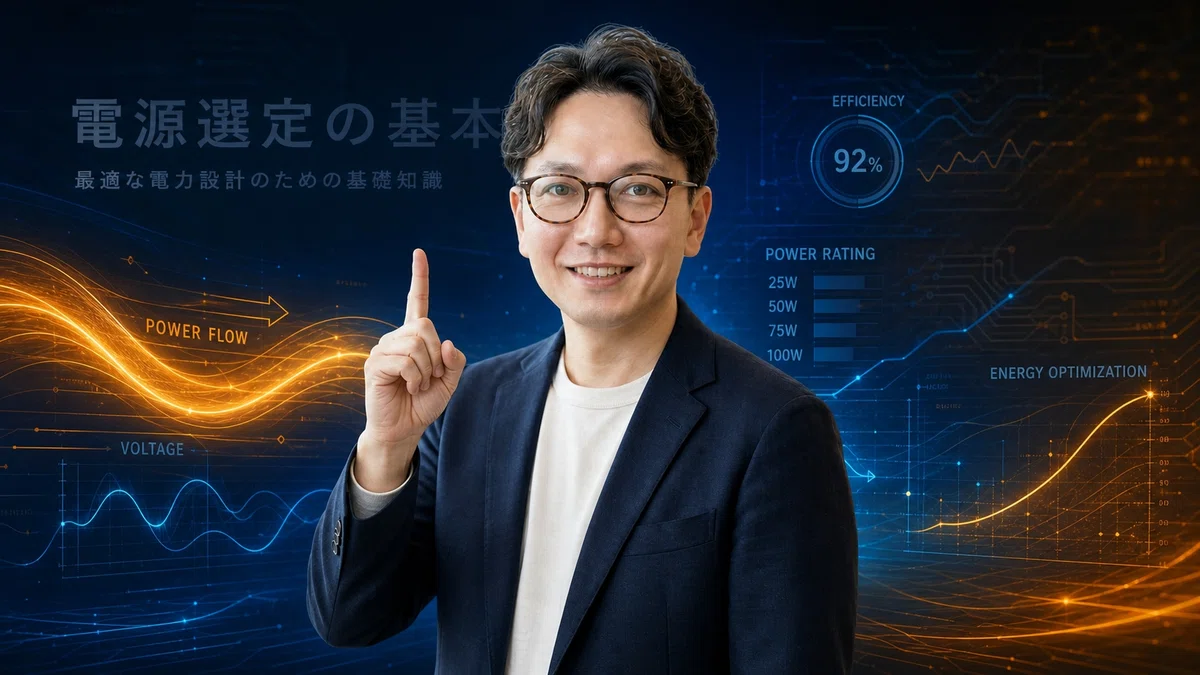 エスワン代表OMASAが電源選定の基本について指を立てて重要ポイントを説明している様子
