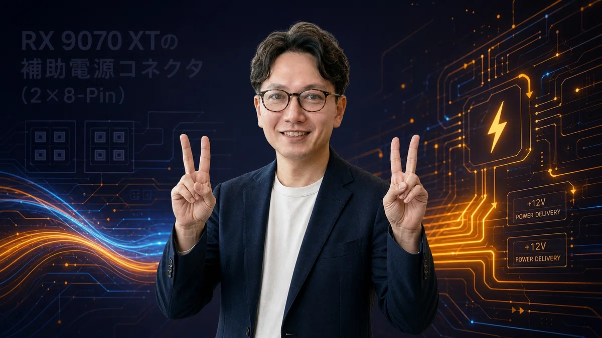 エスワン代表OMASAがRX 9070 XTの補助電源コネクタ(2×8-Pin)について両手で2本を示しながら説明している様子