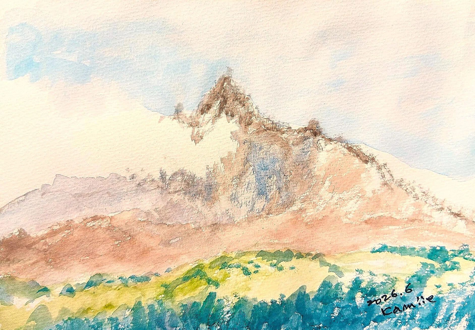 85..月見草と夏の利尻富士、水彩画 山と風景 フレーム付き、１０号 利尻富士(利尻町)｜北海道の熊おやじ〜北海道の179市町村の歴史と観光