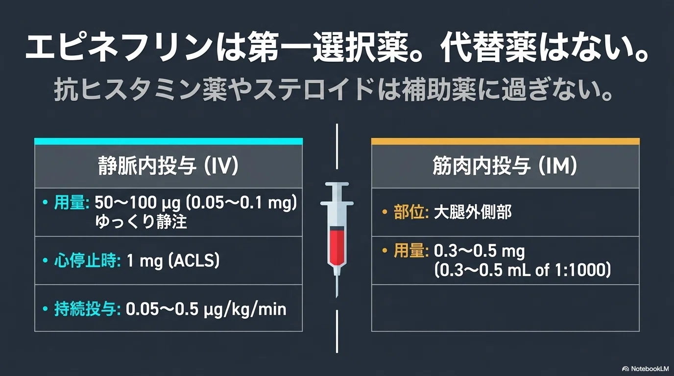 術中アナフィラキシーの対応：初動・エピネフリン投与・その後の管理
