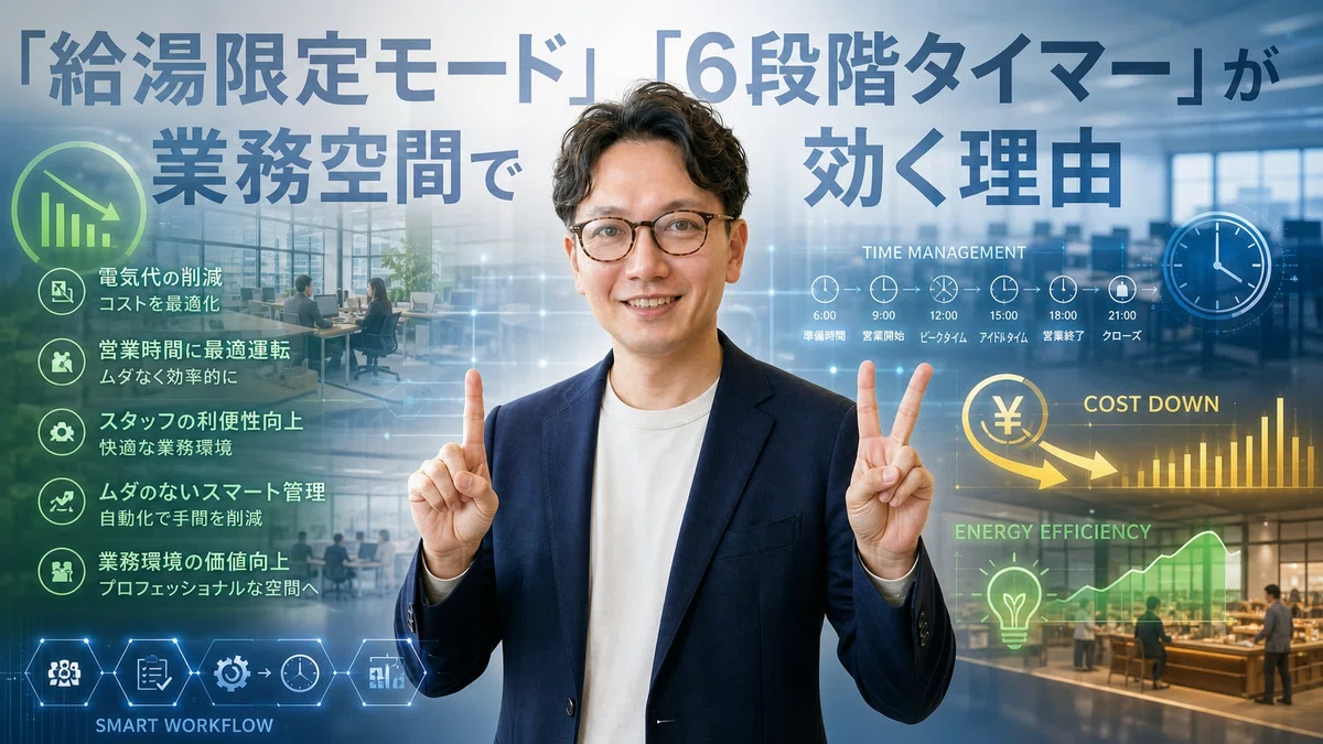 エスワン代表OMASAが給湯限定モード・6段階タイマーが業務空間で効く理由について機能を示すジェスチャーで説明している様子