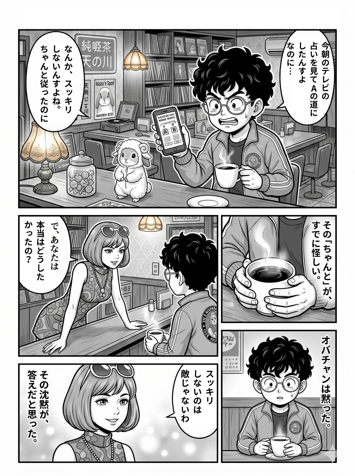 漫画の1ページ目。純喫茶「天の川」のカウンターで、メガネの青年がスマホの占い結果について不満をこぼしている。それに対し、レトロなワンピースを着た女性店主が「で、本当はどうしたかったの？」と問いかけ、青年がハッとして黙り込む様子。カウンターには可愛らしい羊のキャラクターもいる