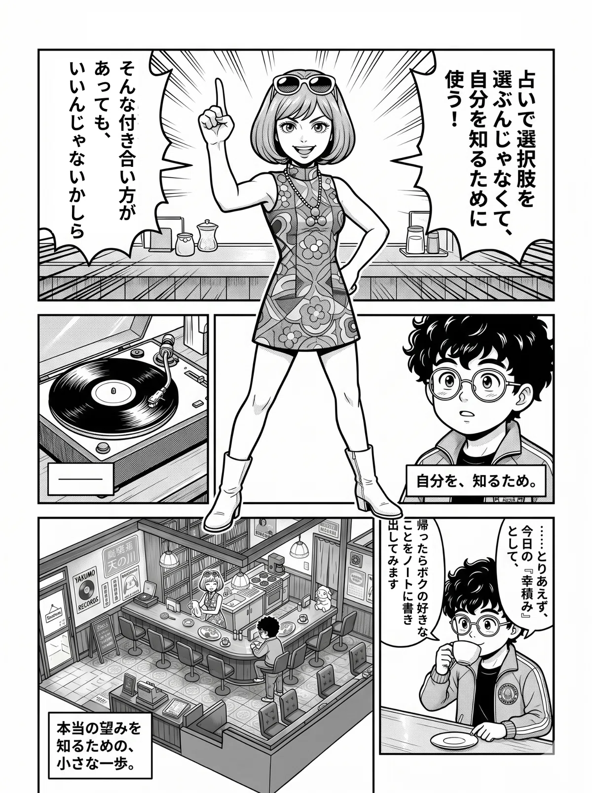 カフェで、占いは自分を知るために使うと、きっぱりと宣言する女性店主五十鈴。その言葉を聞き、自分の好きなことをノートに書いてみようと、前向きな表情になる若者の漫画の一コマ