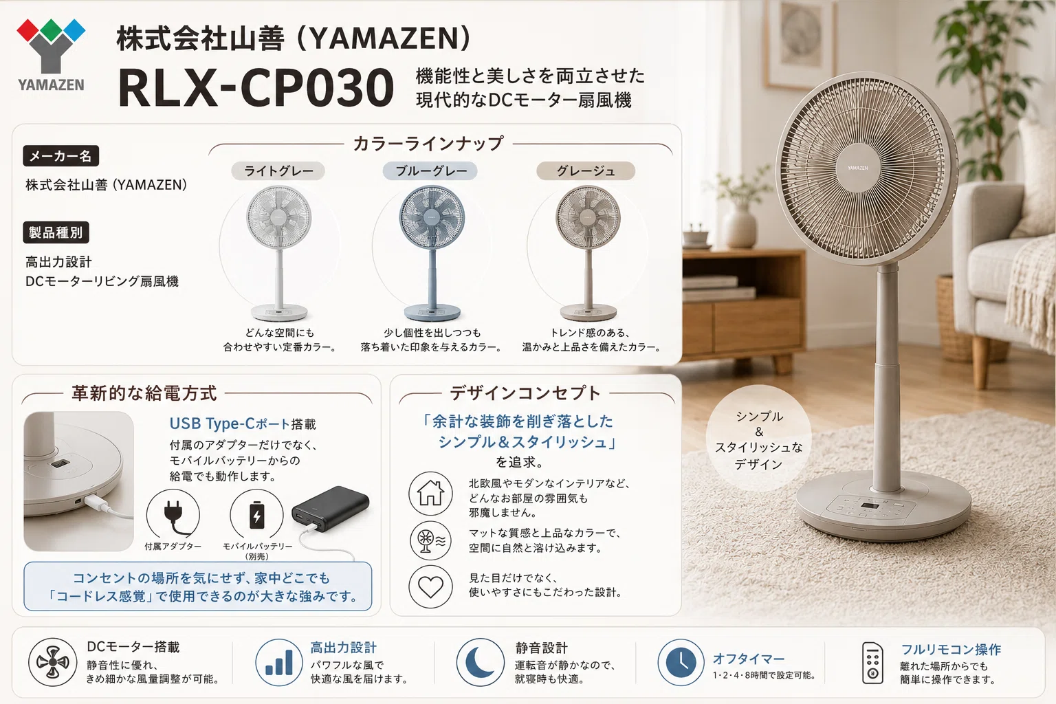 山善DCモーターリビング扇風機 RLX-CP030(C) グレージュの口コミや評判