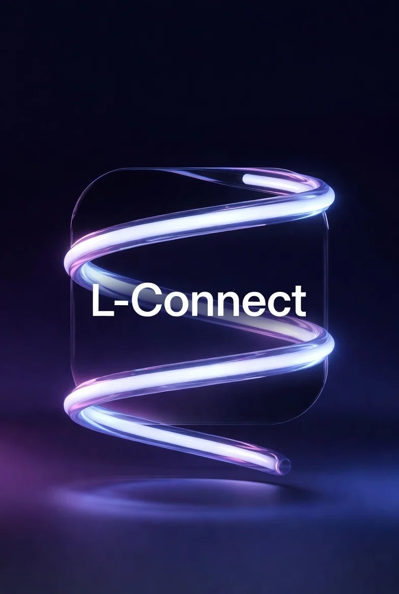 L-Connect システムロゴ。光の回線が分岐し、もう一つのノードへと接続する抽象的なシルエット
