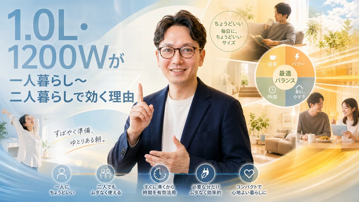 エスワン代表OMASAが1.0L・1200Wが一人暮らし〜二人暮らしで効く理由について納得のジェスチャーで説明している様子