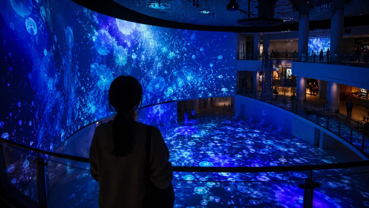 商業施設アトリウムへのプロジェクションマッピング演出全景|来店動機をつくる体験型空間演出