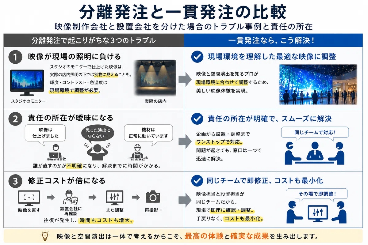分離発注と一貫発注の比較|映像制作会社と設置会社を分けた場合のトラブル事例と責任の所在