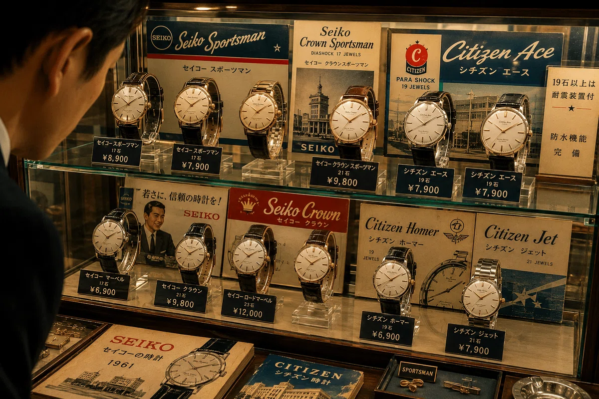 1960年頃の時計店のショールームのイメージ（Aiによる生成）