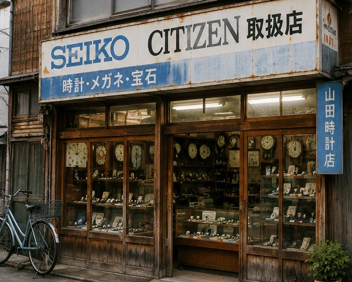 1960年頃の時計宝飾店のイメージ（Aiによる生成）