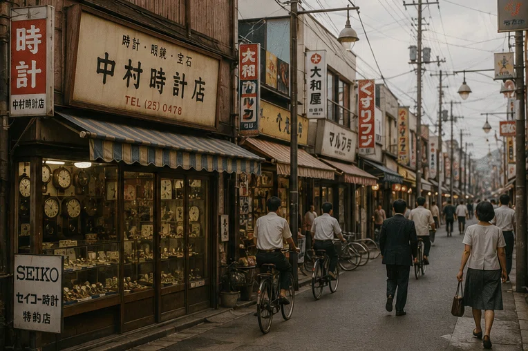 1960年頃の商店街や時計宝飾店のイメージ（Aiによる生成）
