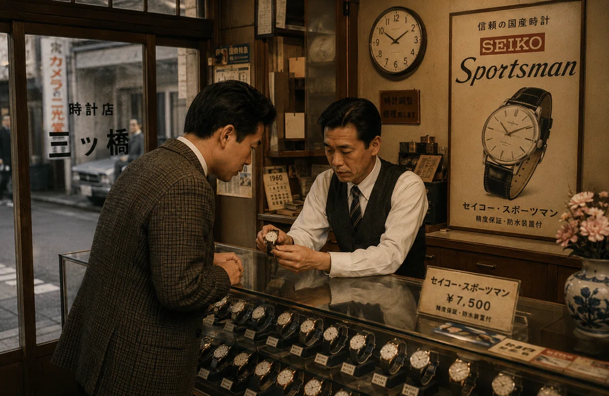 1960年頃の時計宝飾店のイメージ（Aiによる生成）