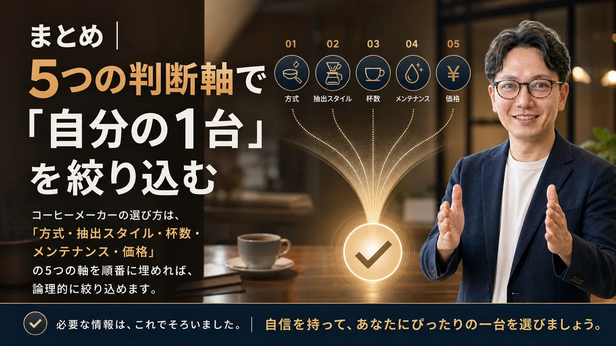 エスワン代表OMASAが、5つの判断軸で「自分の1台」を絞り込む方法をまとめる。満足感と確信に満ちた表情で、方式・抽出スタイル・杯数・メンテナンス・価格という体系的フレームワークによる論理的選定法を完結させる専門家の姿。