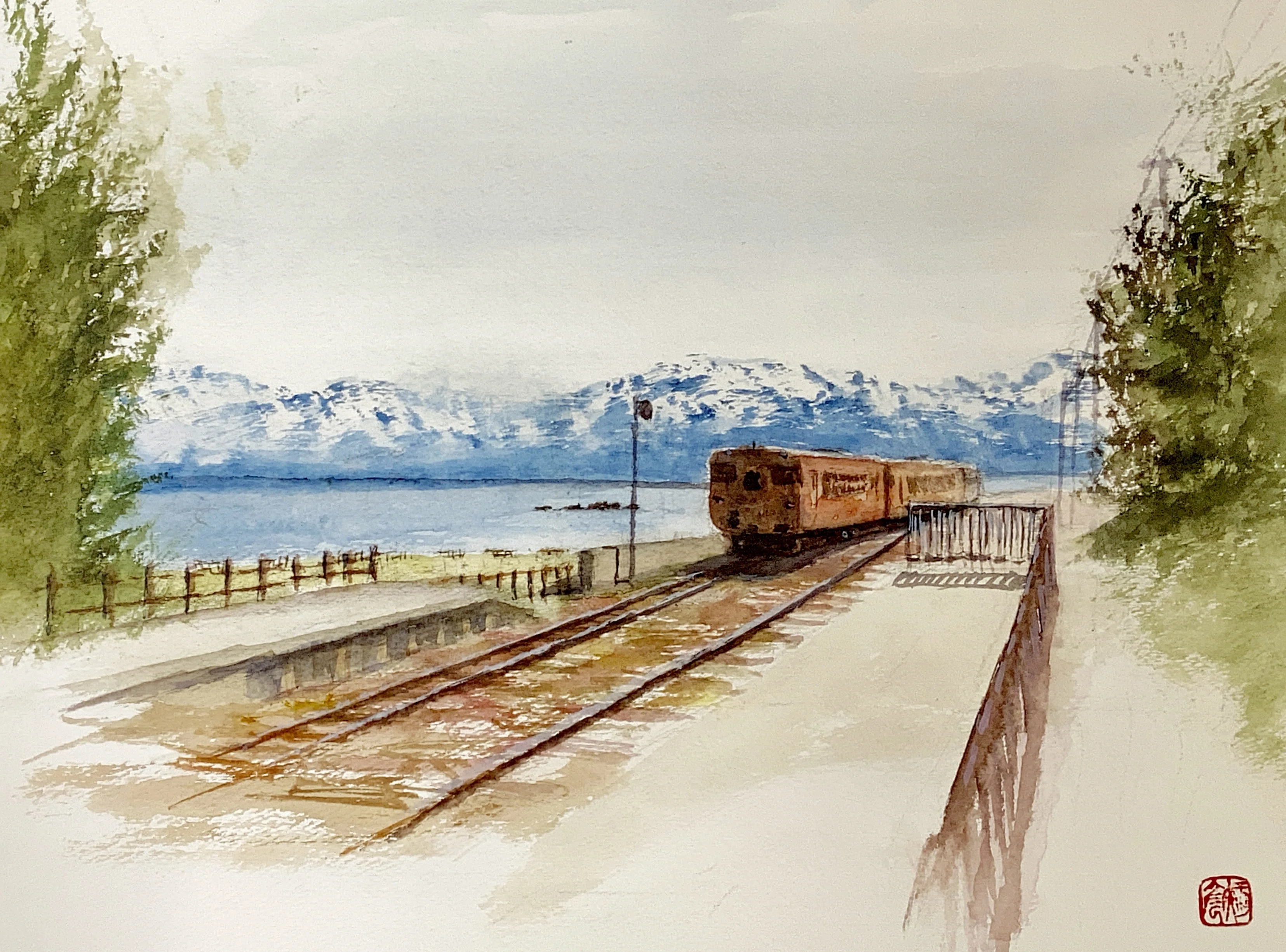 水彩画176】氷見線と立山連峰 ｜tatatotoya
