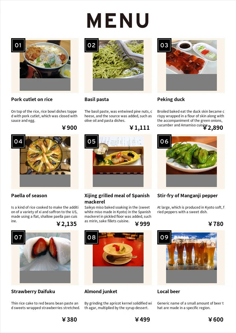 menulingual で作成した英語メニューの例。9品の料理写真に番号と、英語の料理名・説明・価格が並んでいる